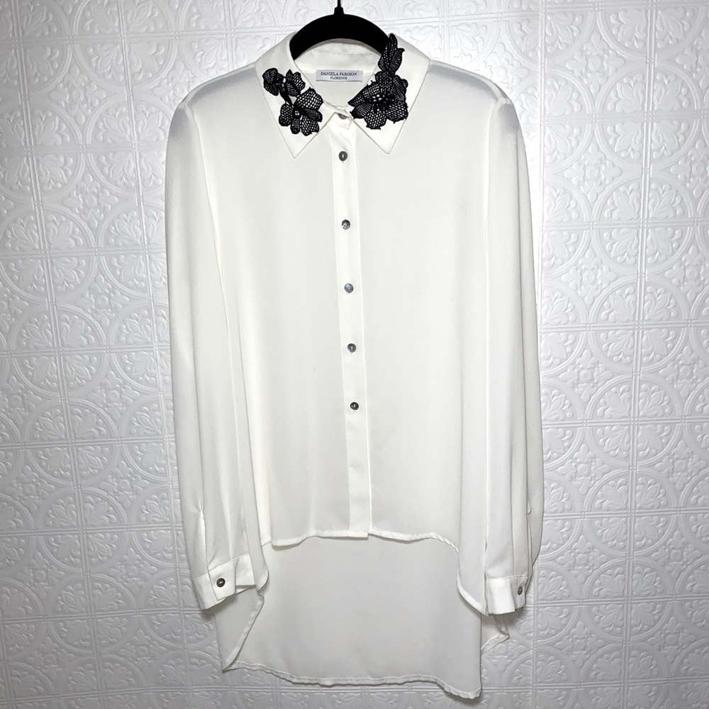 Daniela Fargion Florence Sheer Ornate Embellished Off-White Button Down